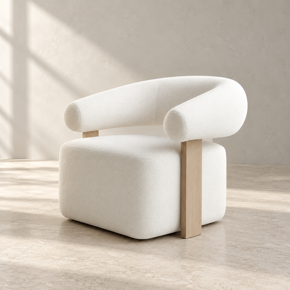 Arc Armchair with a curved upholstered back and pale supports; AI-assisted visual reference.