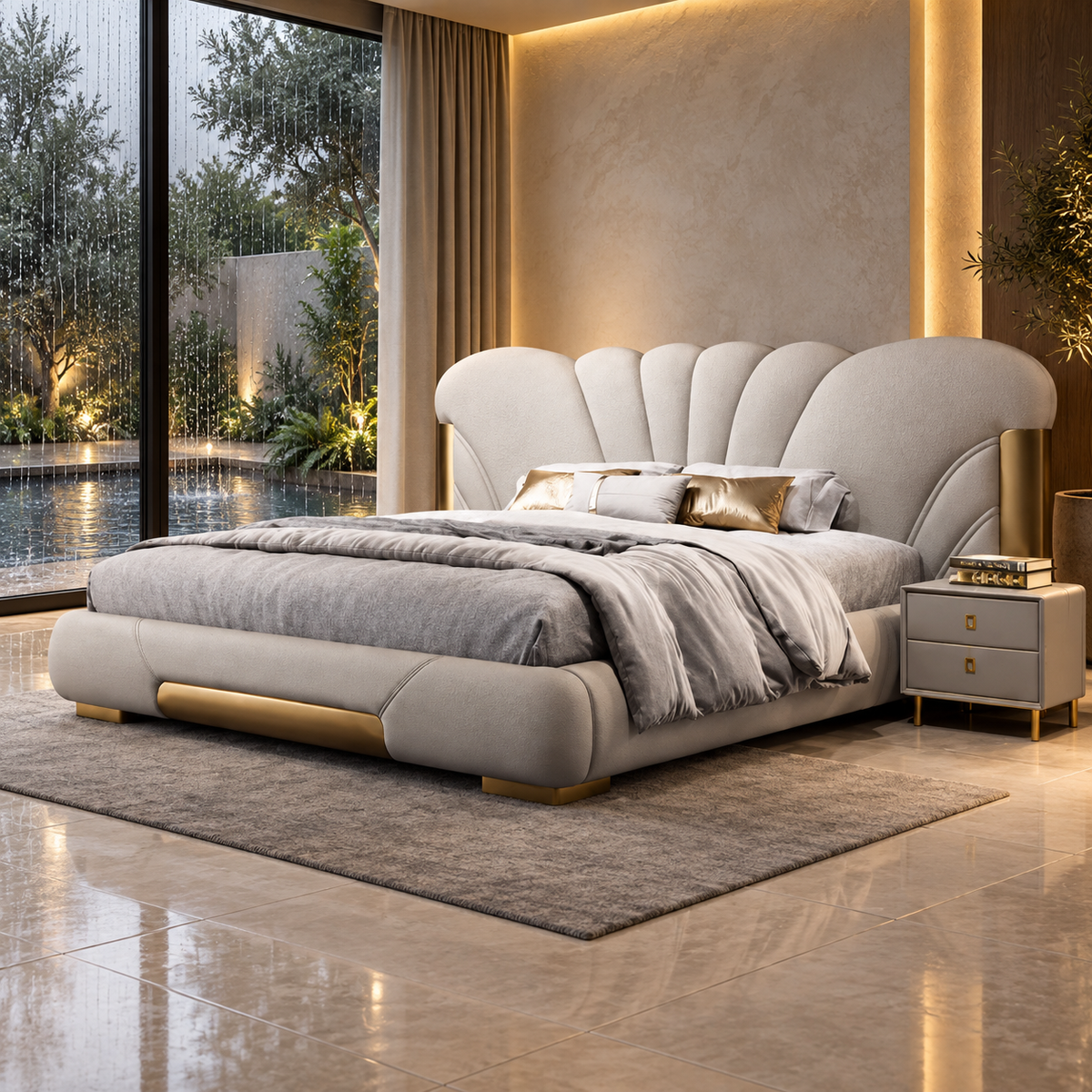 Aurelia Shell Bed — illustrative rain-villa styled presentation