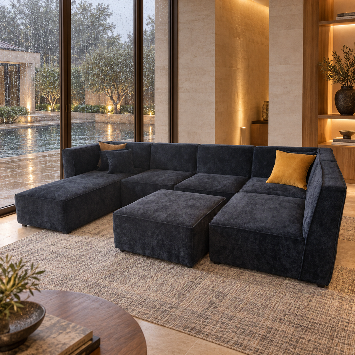 Onyx Corner Sofa — illustrative rain-villa styled presentation