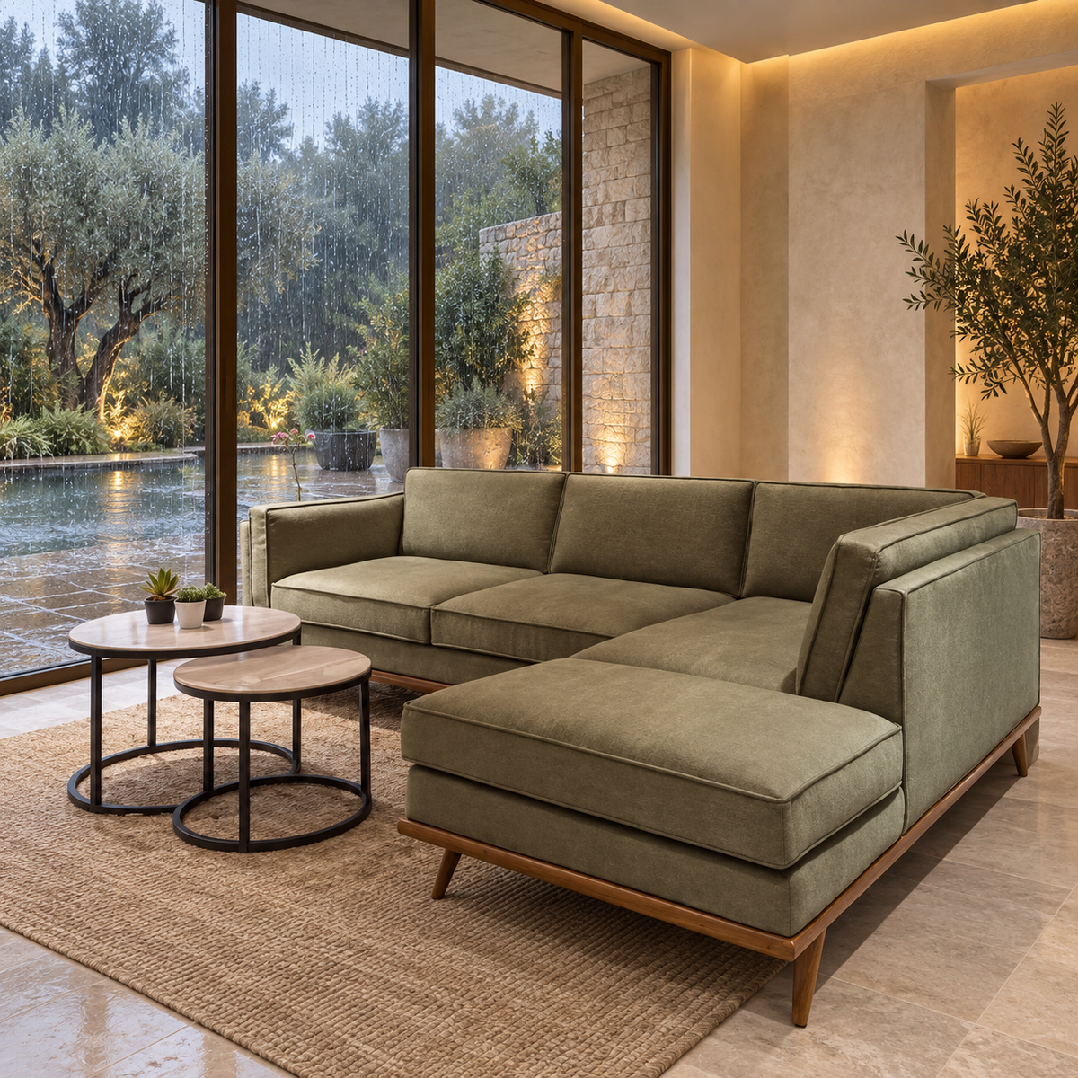 Olive Haven Chaise Sofa — illustrative rain-villa styled presentation