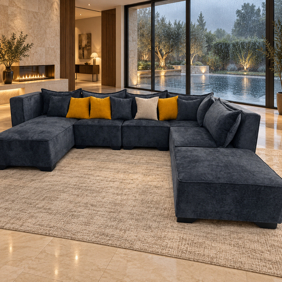 Storm U-Shaped Sectional — illustrative rain-villa styled presentation