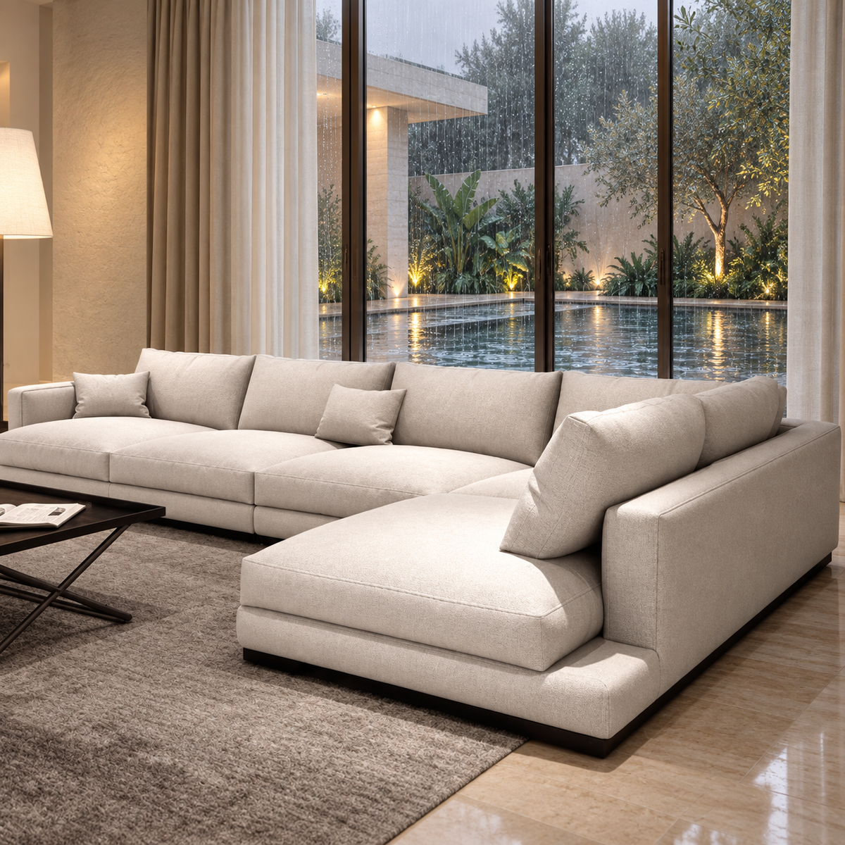Alba Chaise Sofa — illustrative rain-villa styled presentation