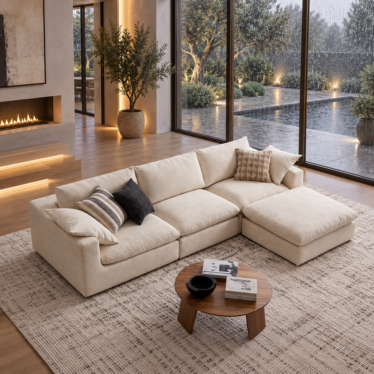Ivory Vista Chaise Sofa — illustrative rain-villa styled presentation