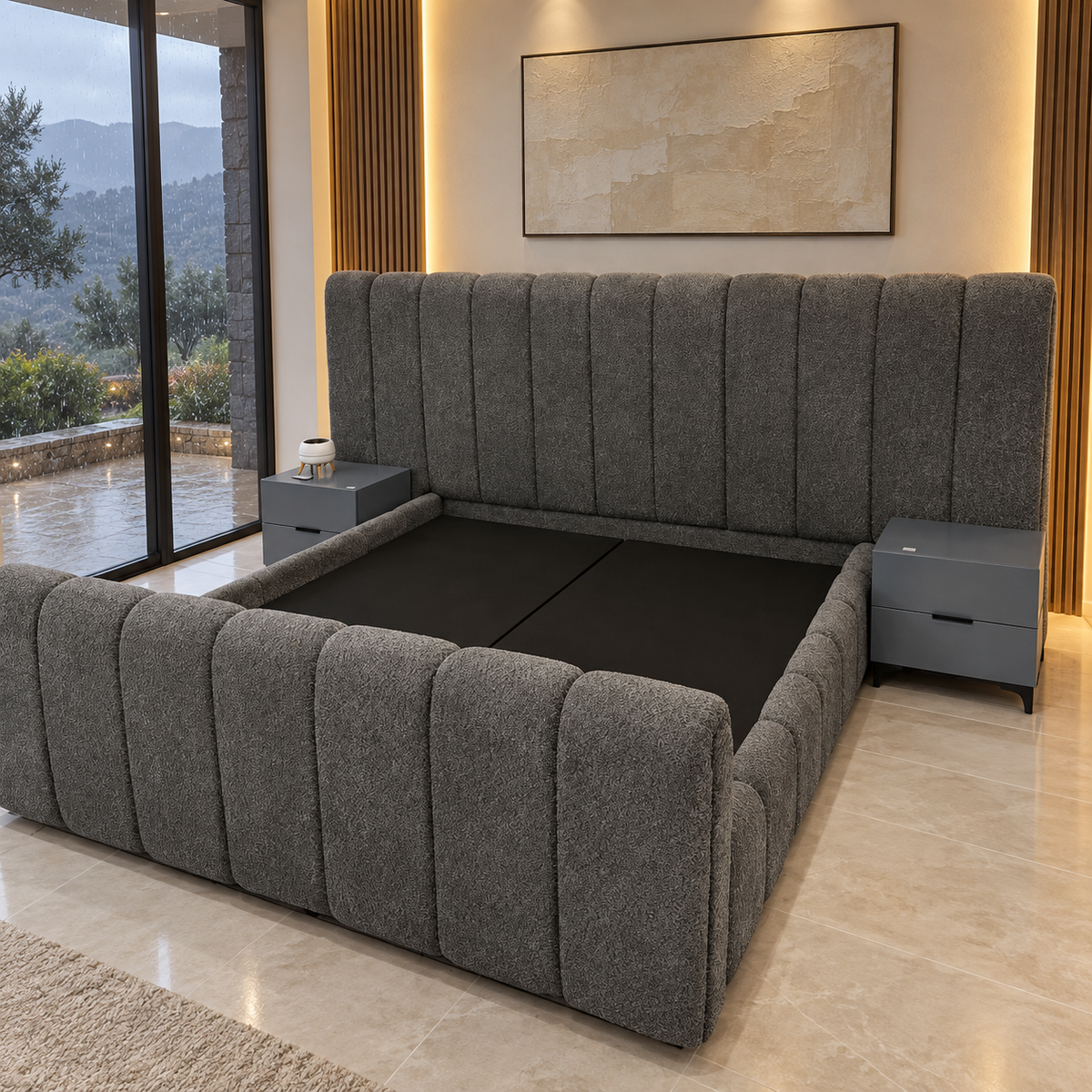 Strata Channel Bed — illustrative rain-villa styled presentation