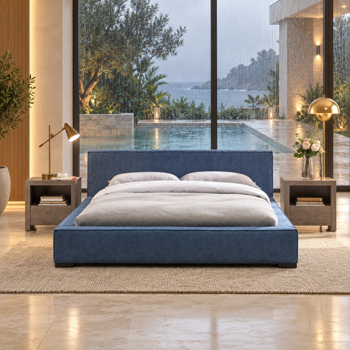 Azure Platform Bed — illustrative rain-villa styled presentation