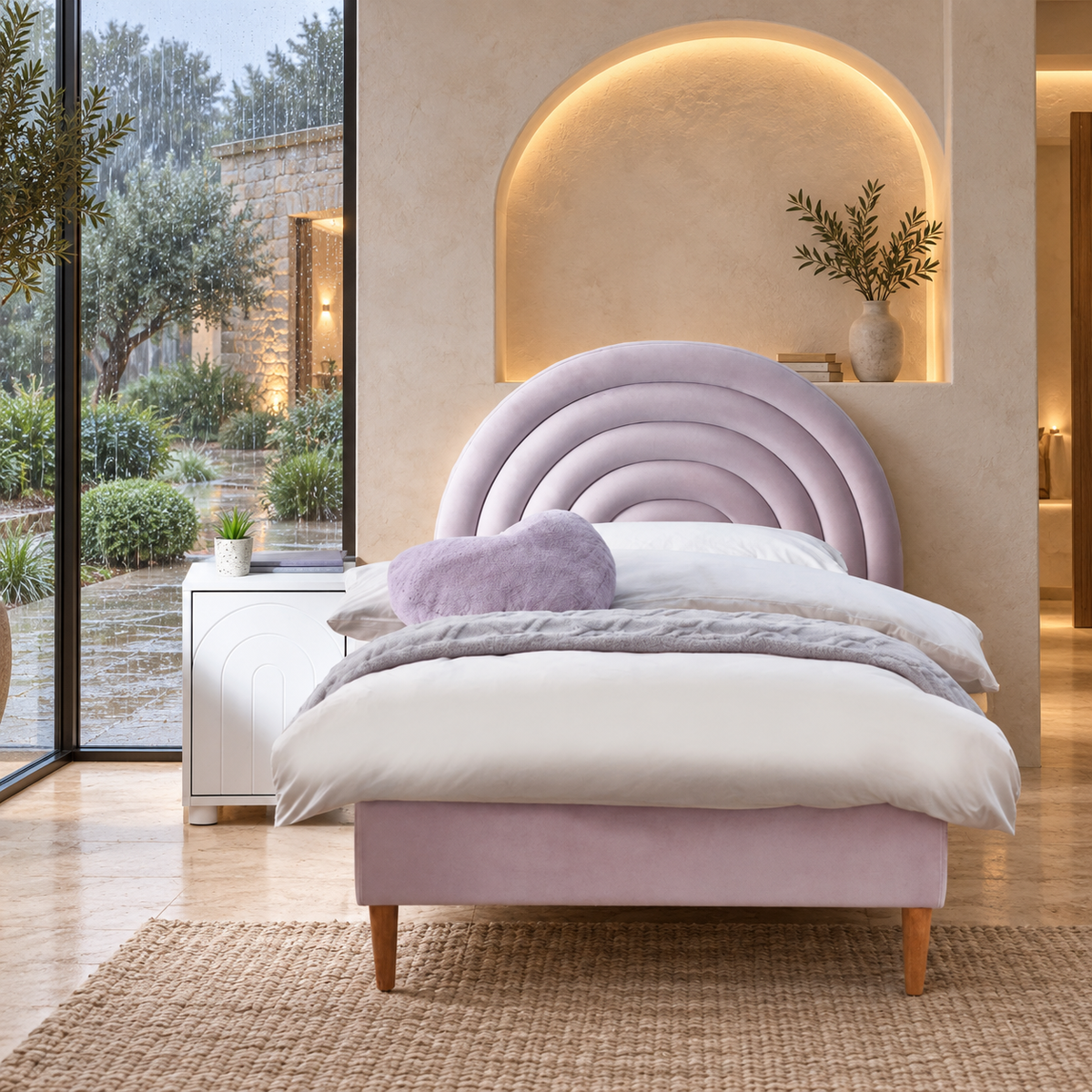 Lila Arch Bed — illustrative rain-villa styled presentation