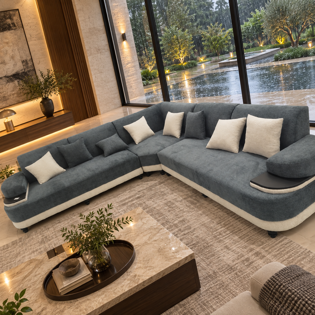 Silverline Corner Sofa — AI-assisted rain-villa styled visual reference