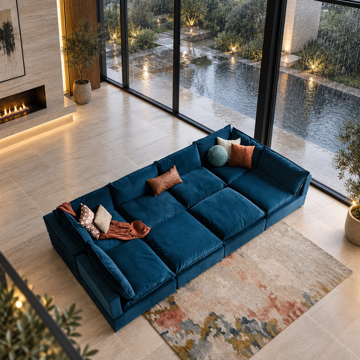 Lagoon Modular Sofa — AI-assisted rain-villa styled visual reference