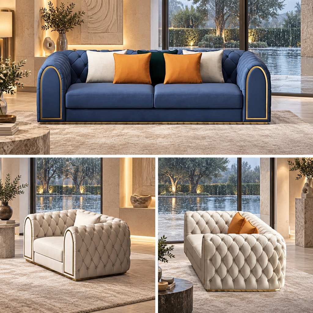 Regent Sofa & Chair Selection — illustrative rain-villa styled presentation