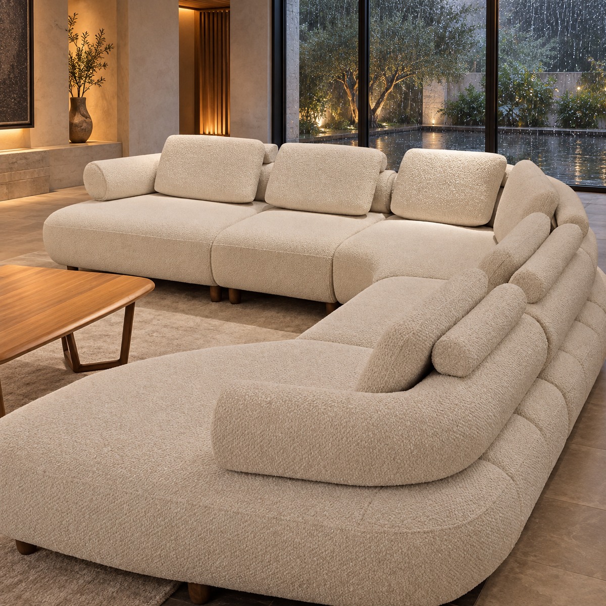 Cloud Curve Modular Sofa — AI-assisted rain-villa styled visual reference
