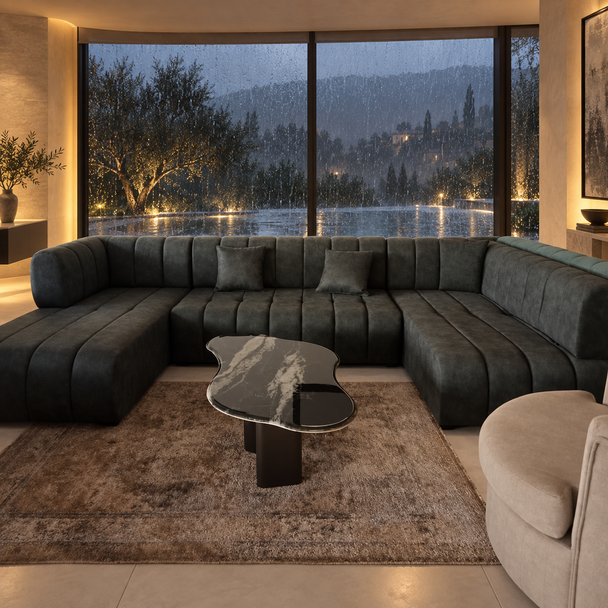 Graphite Channel Sofa — AI-assisted rain-villa styled visual reference