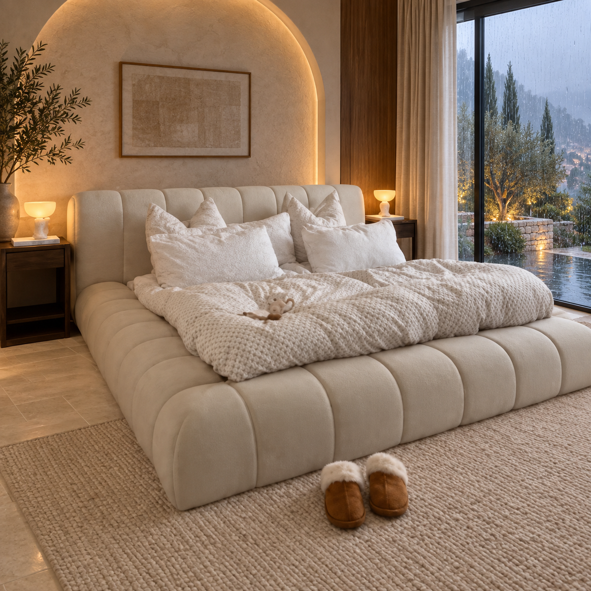 Cloudline Bed — AI-assisted rain-villa styled visual reference