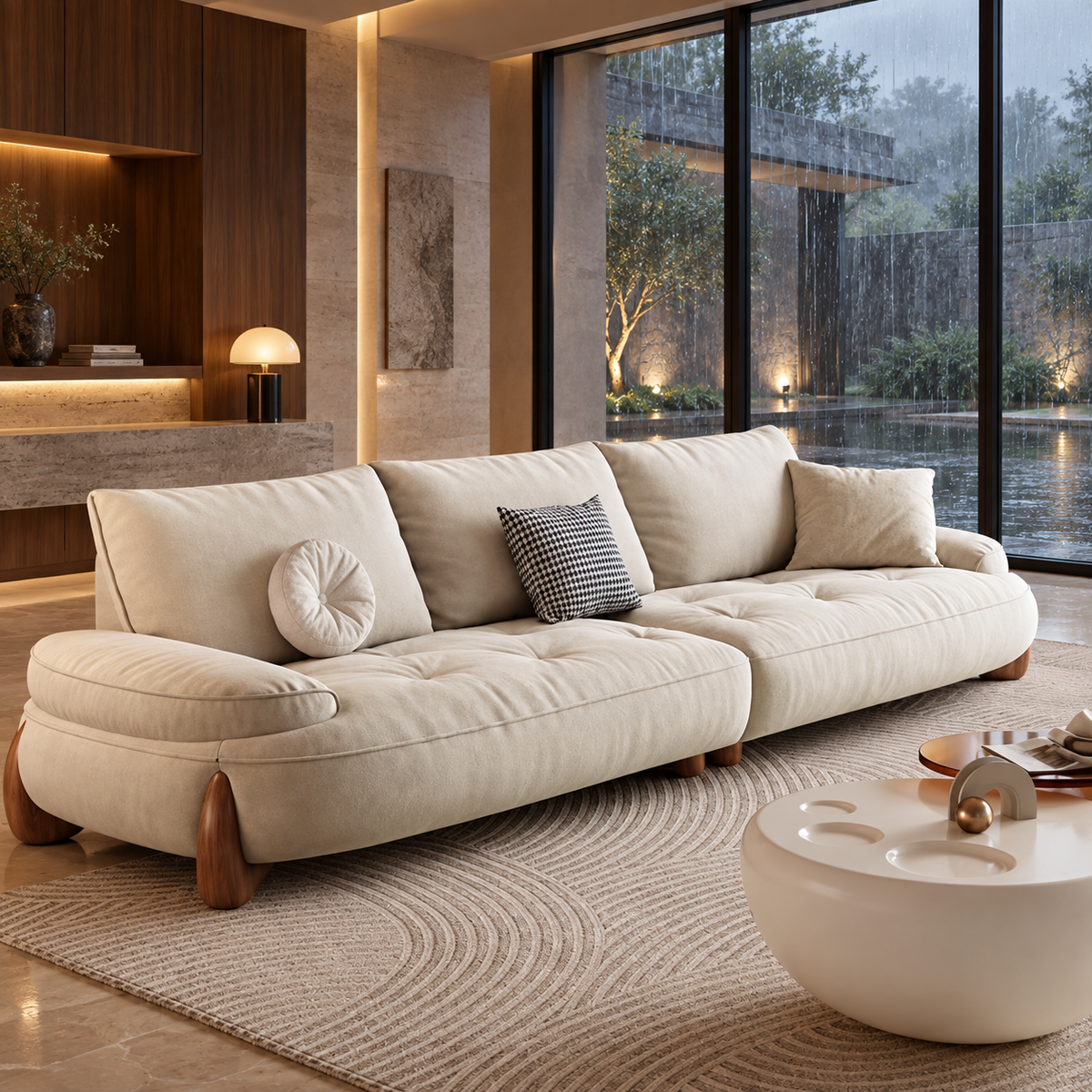 Muse Compact Sofa — AI-assisted rain-villa styled visual reference