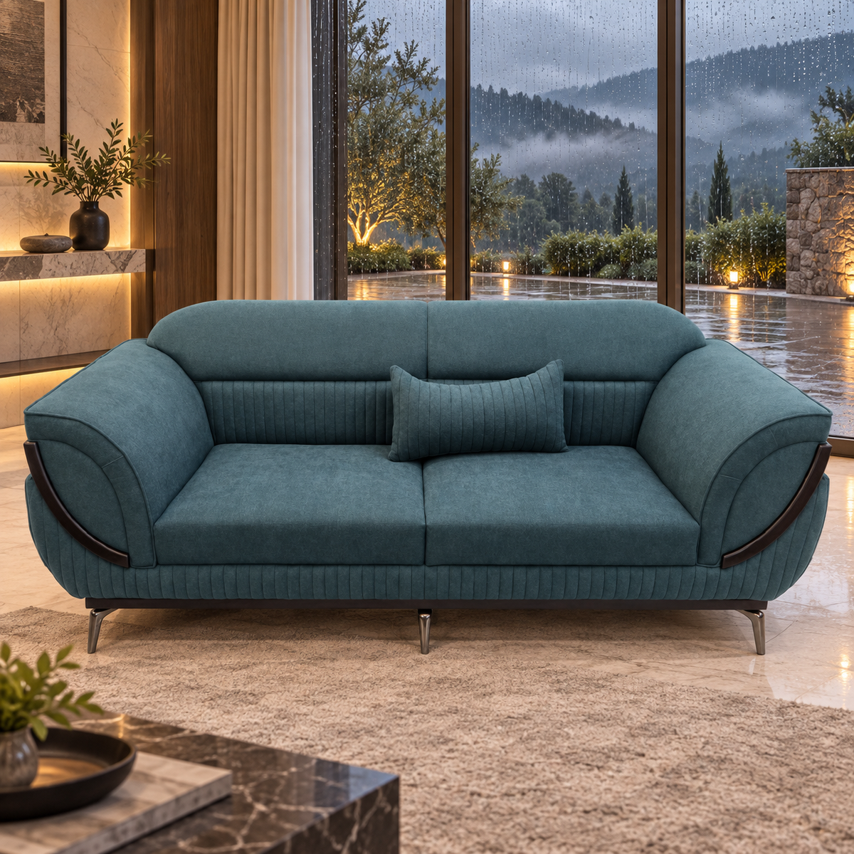 Cove Teal Sofa — illustrative rain-villa styled presentation