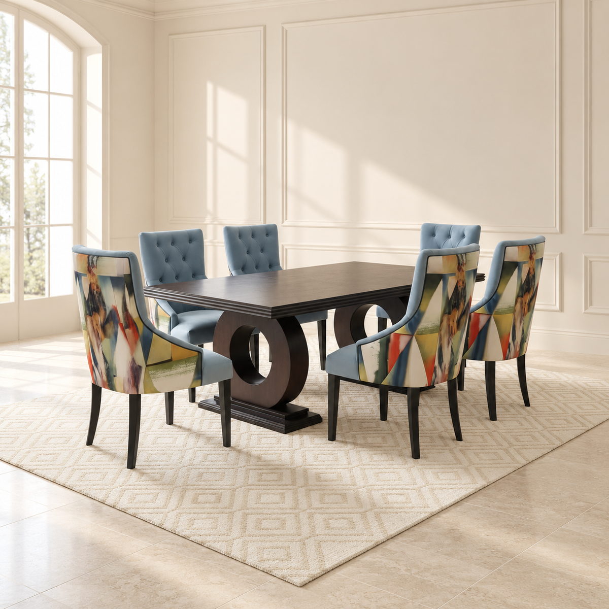 AI-assisted styled view of a rectangular twin-ring pedestal dining table with six chairs and contrasting patterned and blue chair backs.