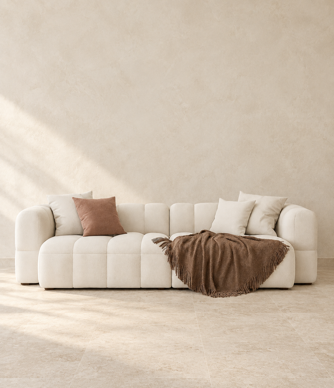 AI-assisted styled view of the Kravi sofa, showing pale-toned segmented upholstery, cushions and a brown throw for visual reference.