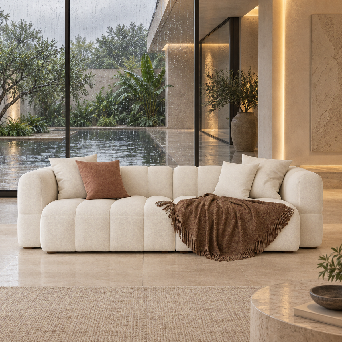 AI-assisted styled visual reference of the ivory Kravi sofa with its rounded segmented form, four cushions and brown throw in a dry luxury villa. Rain is outside closed glazing. Styling accessories are not confirmed inclusions.