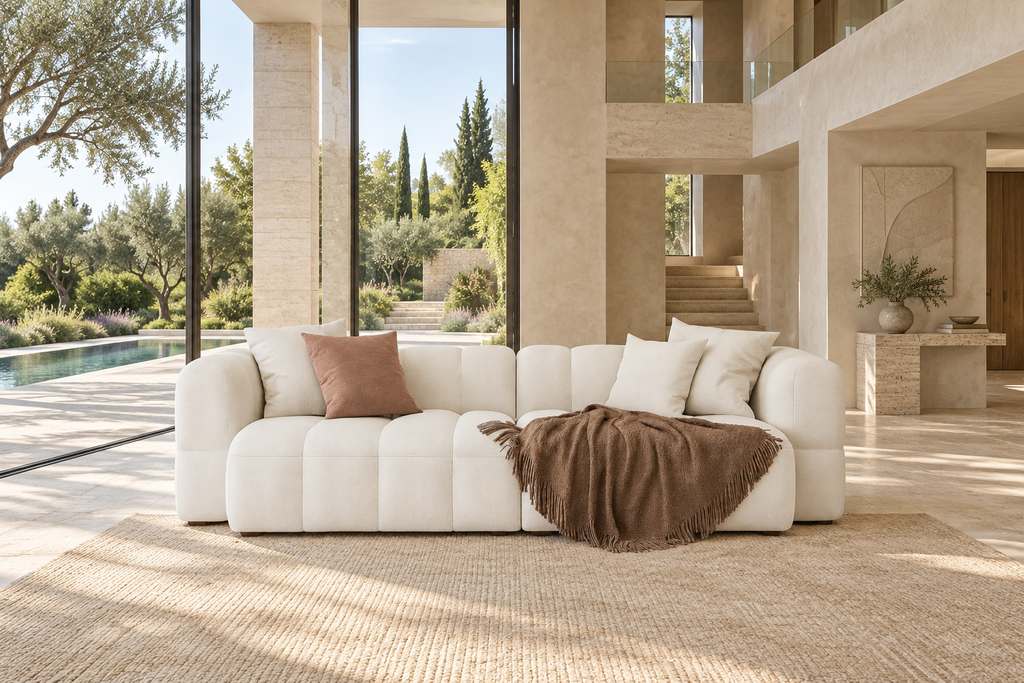 AI-assisted villa-style visual reference of the ivory-toned Kravi sofa with its rounded segmented profile, four styled cushions and brown throw in a double-height glazed villa. Styling accessories are not confirmed inclusions.