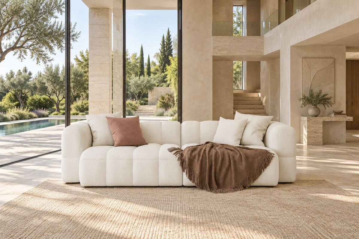 AI-assisted villa-style visual reference of the ivory-toned Kravi sofa with its rounded segmented profile, four styled cushions and brown throw in a double-height glazed villa. Styling accessories are not confirmed inclusions.