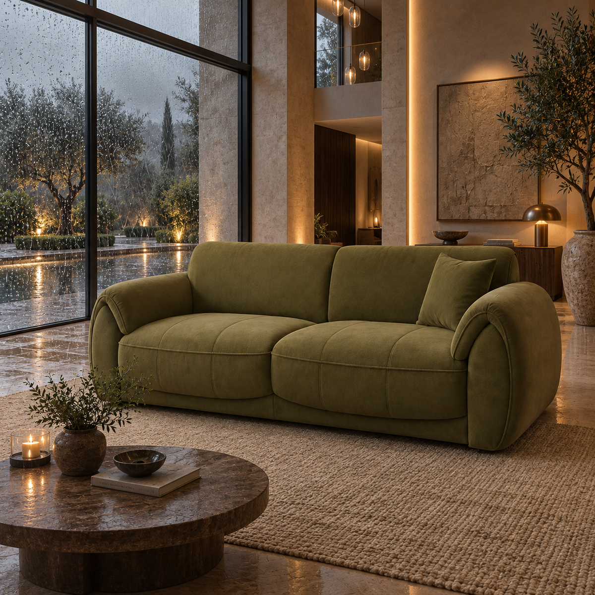 AI-assisted visual reference of the olive Monarch sofa with curved arms, two seat sections and one cushion in a dry luxury villa. Rain is visible outside closed glazing. Styling accessories are not confirmed inclusions.