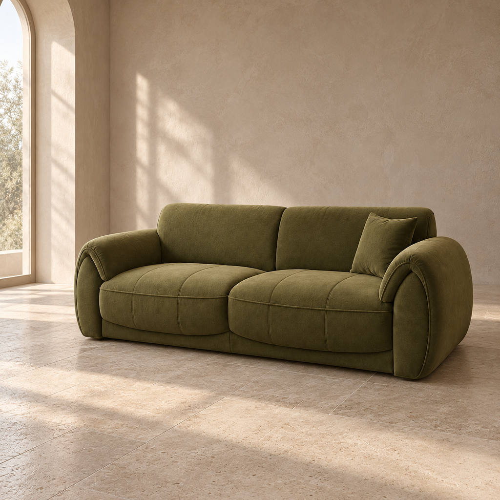 AI-assisted styled view of the Monarch sofa, showing olive-toned upholstery, curved arms and one matching cushion.