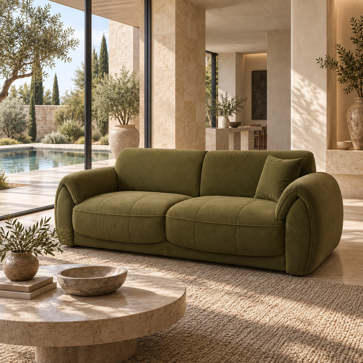 AI-assisted villa-style visual reference of the olive-toned Monarch sofa, with curved arms and one matching cushion beside tall glazing overlooking a garden pool. Styling accessories are not confirmed inclusions.