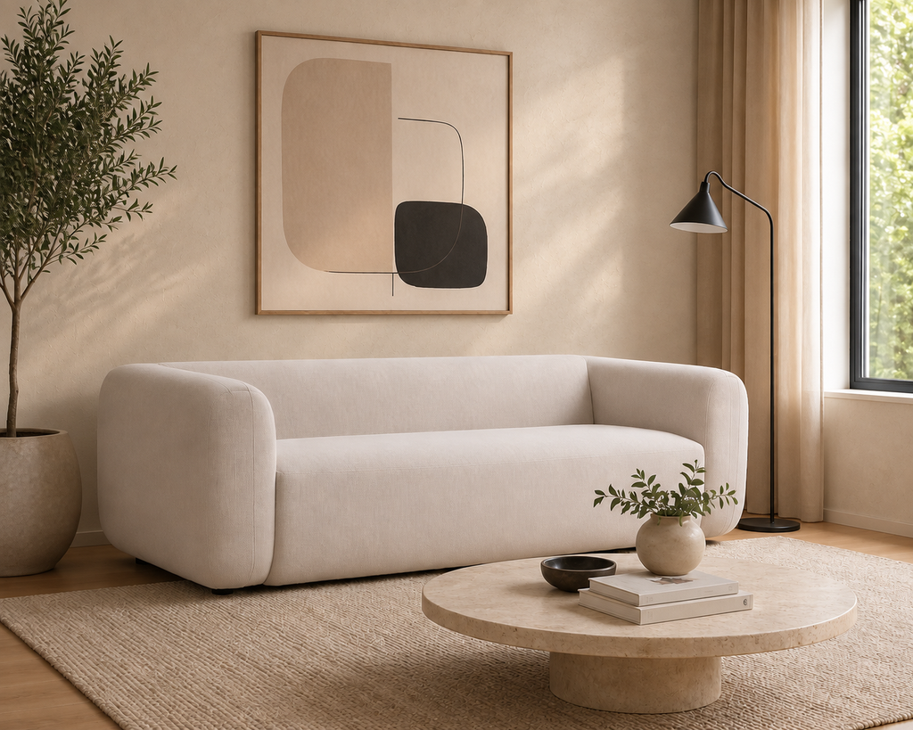 AI-assisted styled view of the Nara sofa, showing pale upholstery and rounded arms in a furnished room. Styling accessories are for visual reference.